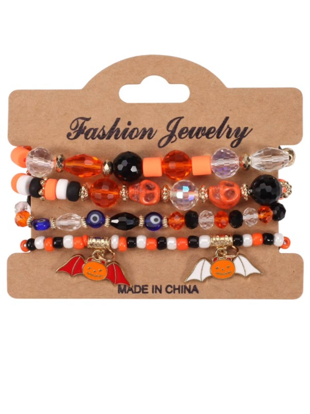 Festive Beaded Halloween Bracelet Set Orange & Black w/ charms. Stretchable